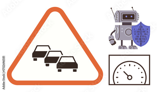 Traffic congestion warning sign, futuristic robot holding shield, and speedometer display. Ideal for AI, transportation safety, automation, futuristic technology, road systems, smart cars simple