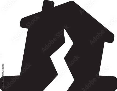 house, home, crack, broken, damage, split, separation, divorce, real estate, property, crisis, disaster, icon, symbol, silhouette, graphic, illustration, danger, problem, instability, risk, vulnerabil