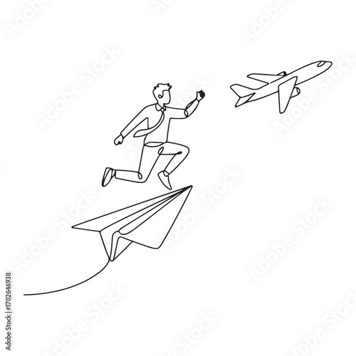 Single continuous line Art drawing young business man jumping from crash paper airplane to the flying plane. with white background