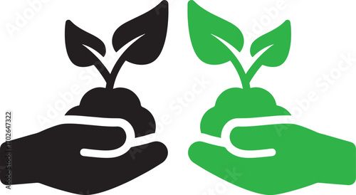 hand, holding, sprout, plant, seedling, growth, new life, green, black, icon, symbol, isolated, white background, agriculture, nature, organic, environment, sustainability, care, development, beginnin