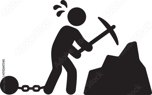 mining, digging, pickaxe, chained, ball and chain, prisoner, labor, hard work, effort, struggle, entrapment, burden, debt, slavery, worker, illustration, icon, silhouette, black and white, graphic, sy