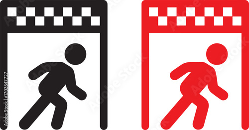 person, entering, doorway, exit, entrance, door, frame, checkered, pattern, red, black, icon, symbol, isolated, white background, silhouette, movement, passage, transition, start, finish, race, compet