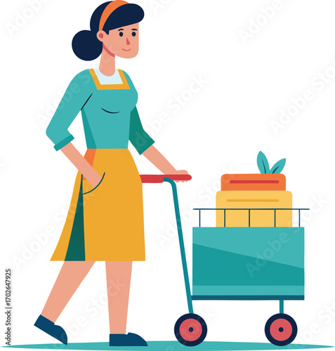 Women standing with a cart on transparent background