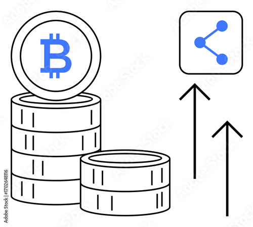 Stacked Bitcoin coins, network sharing icon, and upward arrows represent cryptocurrency growth, social connection, investment, blockchain technology, financial success, economic progress, ideal