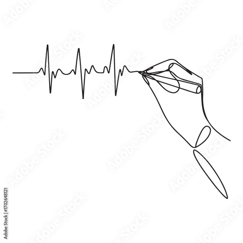 One continuous line Art drawing of hand drawing human heart beat pulse graph image on whiteboard. with white background