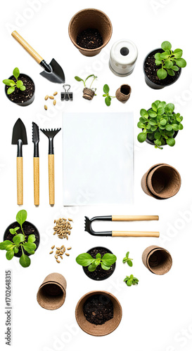 Vibrant Green Seedlings and Gardening Tools Arranged Around Blank White Paper on Blurred Background: A Flat Lay Composition for Springtime Gardening