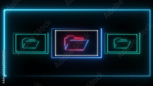 Neon Folder tree line icon on black background Computer network file folder organization structure flowchart. glowing neon page file animation icon. 4K Video motion graphic animation.