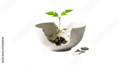 Vibrant Green Sprout Emerging from a Broken White Eggshell Against a Soft Green and White Gradient Background: A Symbol of New Growth and Rebirth