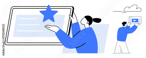 Woman presenting star on tablet, man lifting video player screen Ideal for technology, teamwork, creativity, presentation, education, content creation, simple landing page