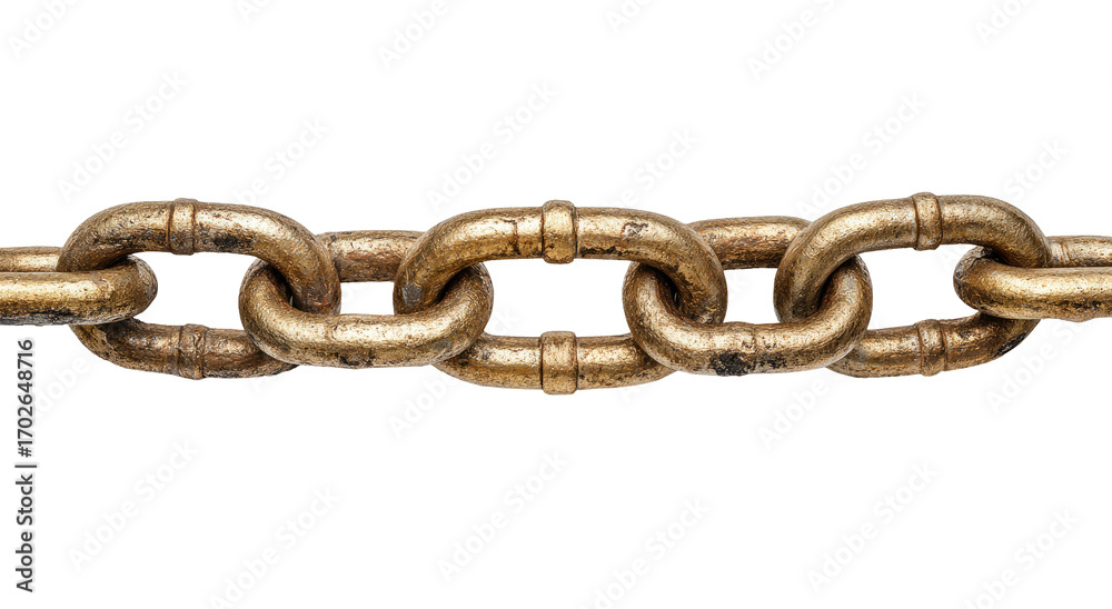 Obraz premium Close-up of a weathered metal chain. A heavy-duty chain, with links that show signs of age and use, runs horizontally across the image against a black background