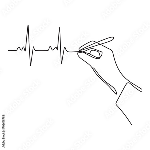 One continuous line Art drawing of hand drawing human heart beat pulse graph image on whiteboard. with white background