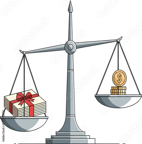 Vector, illustration, court scales of justice with gold, judge's gavel, wealth, bribery money, poster, lawyer,