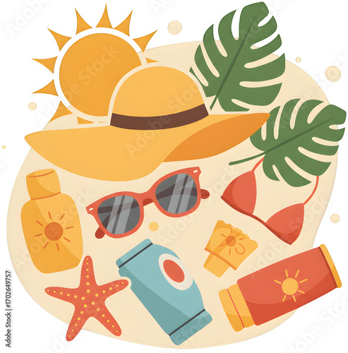 Summer Vacation Essentials with Sunglasses, Hat and Tickets