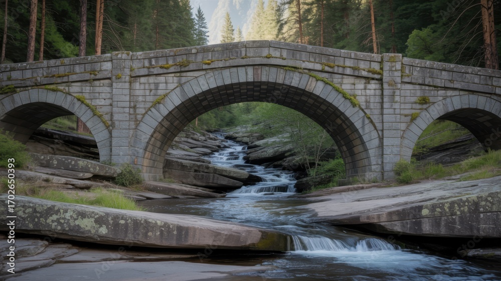Fototapeta premium Ai generated image of an old stone bridge arches over a flowing river in a lush forest with tall trees and dappled sunlight filtering through the canopy