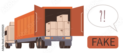 Freight truck loaded with boxes, open trailer door, speech bubble with , and FAKE sign. Ideal for logistics, counterfeit issues, supply chain, product quality, importexport fraud detection simple