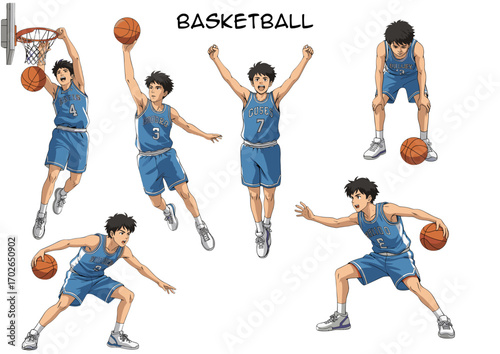 Basketball player performing various actions in blue sportswear  