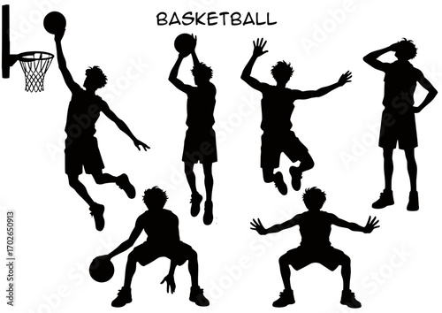 Basketball silhouettes in various dynamic poses on white background  