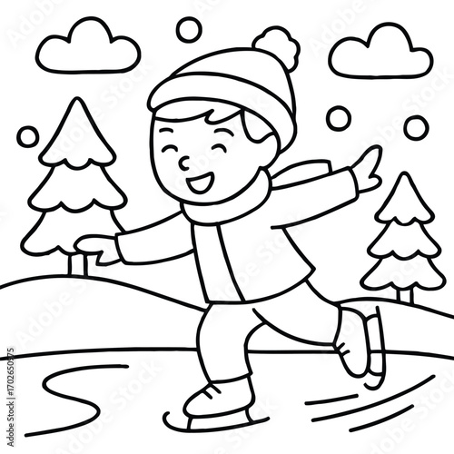 Happy child ice skating in a winter wonderland scene, presented as a black and white outline illustration perfect for coloring and educational activities