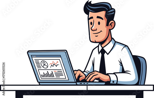 Cartoon businessman analyzing data on laptop, office desk setup, business analytics illustration, digital marketing concept, remote work scene