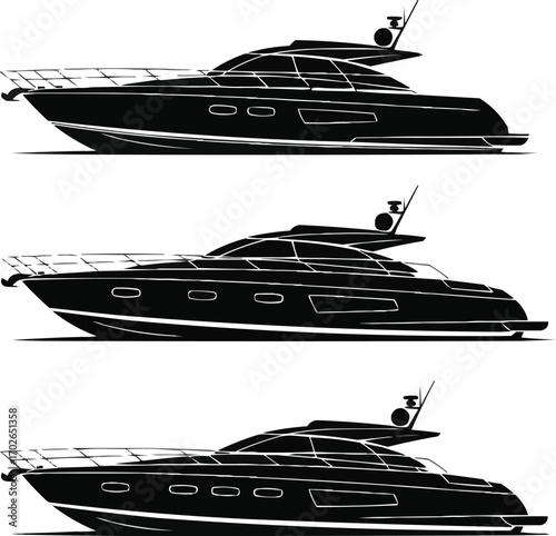 Vector illustration of motor yachts in black silhouette: side view, angled perspective, single and grouped boats, clean minimal flat design, isolated on white background, EPS 10.