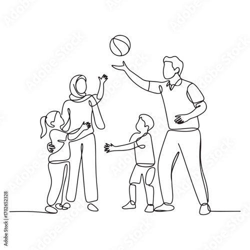 One continuous line Art drawing of young Arabian couple playing throwing ball together with daughter and son. with white background