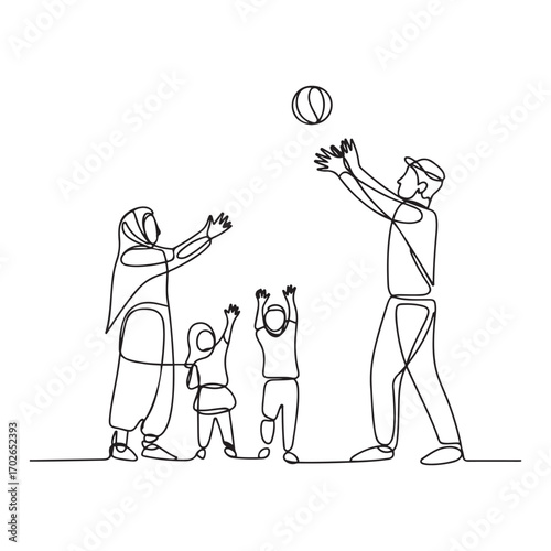 One continuous line Art drawing of young Arabian couple playing throwing ball together with daughter and son. with white background