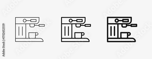 Icon Line Machine Coffee Maker with thin, mid and bold stroke types. Coffee shop equipment, Barista, Beverages concept,
