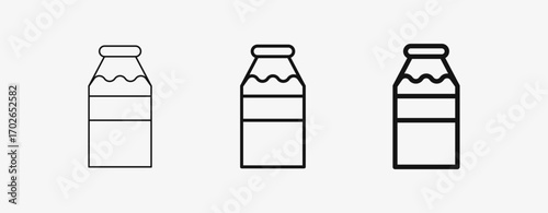 Icon Line Bottle of Milk with thin, mid and bold stroke types. Coffee shop equipment, Barista, Beverages concept,