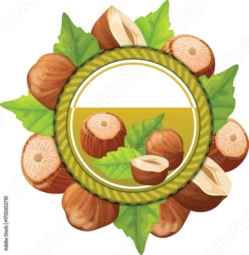 Hazelnut Badge with Leaves and Nut Illustration Frame"