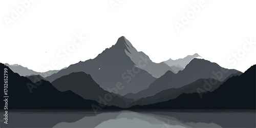 Misty blue mountain peaks and valleys in a serene morning landscape with sun and clouds