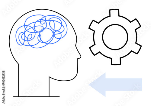 Silhouette of a head with tangled lines in the brain, a gear symbol, and an arrow representing problem-solving, innovation, creativity. Ideal for brainstorming, workflow, psychology, focus
