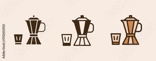 Icon Mokapot Coffee Espresso with glyph, semi solid and flat icon types. Coffee shop equipment, Barista, Beverages concept,