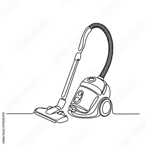 One continuous line Art drawing of electric vacuum cleaner home appliance. with white background