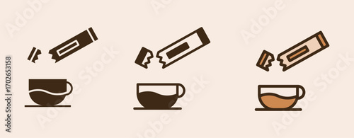 Icon Coffee Sachet or Instant Coffee with glyph, semi solid and flat icon types. Coffee shop equipment, Barista, Beverages concept,