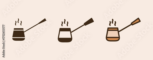 Icon Turkish Coffee with glyph, semi solid and flat icon types. Coffee shop equipment, Barista, Beverages concept,