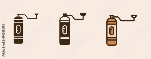 Icon Manual Grinder Coffee with glyph, semi solid and flat icon types. Coffee shop equipment, Barista, Beverages concept,