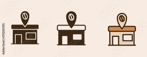 Icon Cafe Pin Location with glyph, semi solid and flat icon types. Coffee shop equipment, Barista, Beverages concept,
