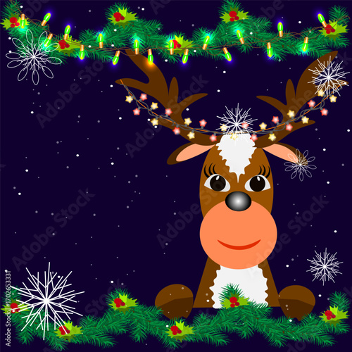reindeer with christmas tree and snowflakes