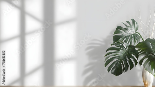 A minimalist interior scene featuring a large monstera plant in a white vase, casting shadows on a light gray wall, with soft natural light coming through a window