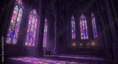 Interior of dark gothic cathedral with stained glass windows casting colorful light and creating dramatic atmosphere.