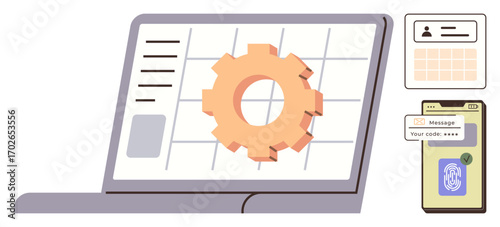 Gear on laptop screen depicting settings, smartphone with fingerprint scan and code message, ID form. Ideal for cybersecurity, software development, data management, authentication, system update
