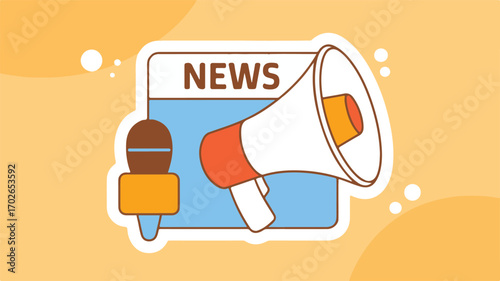 Cartoon Megaphone and Microphone Icon with NEWS Sign on Yellow Background news announcement