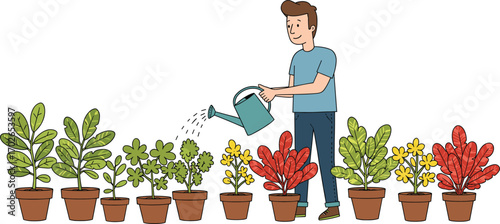 Man watering colorful potted plants, home gardening concept, nature care activity, indoor plant hobby, sustainable lifestyle, floral garden illustration