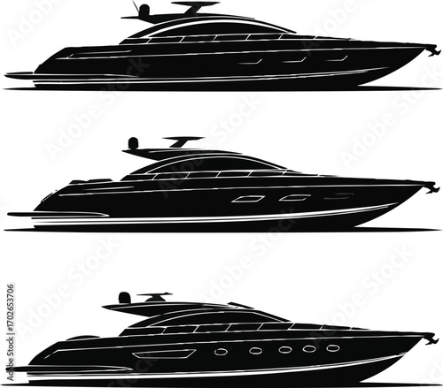 Vector illustration of motor yachts in black silhouette: side view, angled perspective, single and grouped boats, clean minimal flat design, isolated on white background, EPS 10.