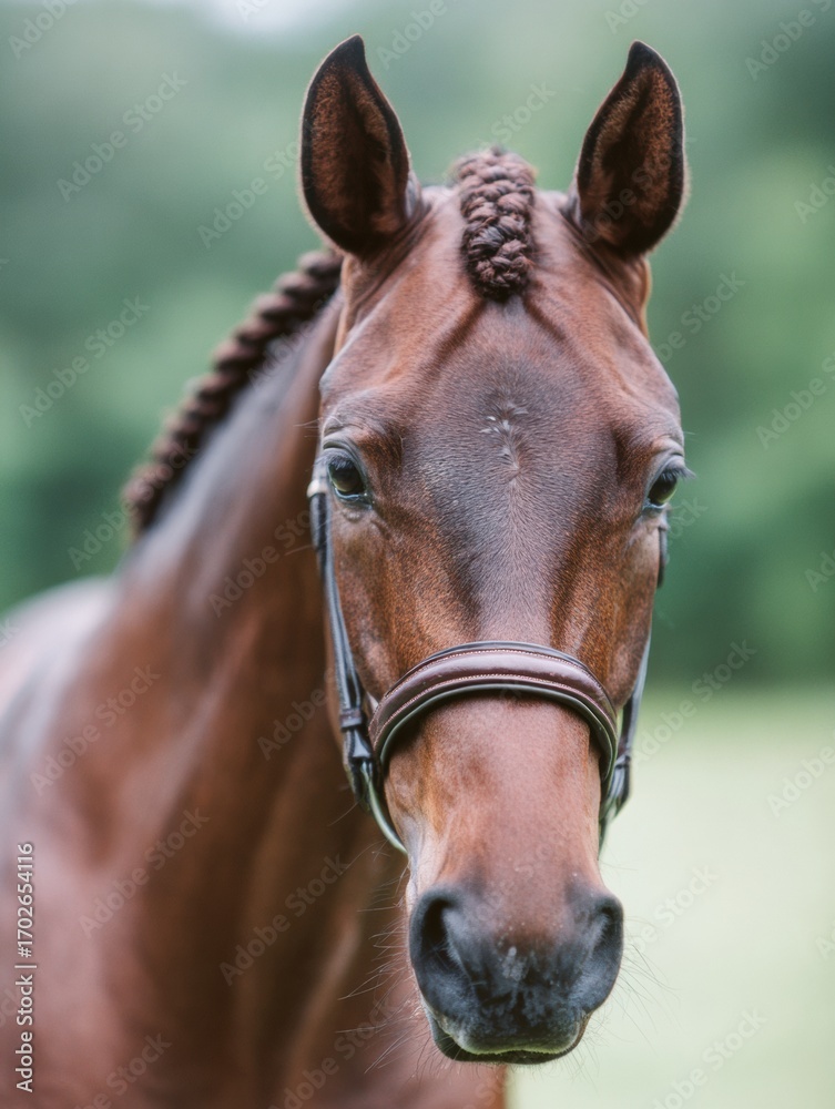 Obraz premium Portrait of a Beautiful Brown Horse With a Braided Mane Standing in a Green Pasture, Wearing a Bridle