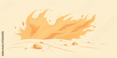 Vector art of an abstract desert sunset with fiery orange and yellow trees, sun, and sand