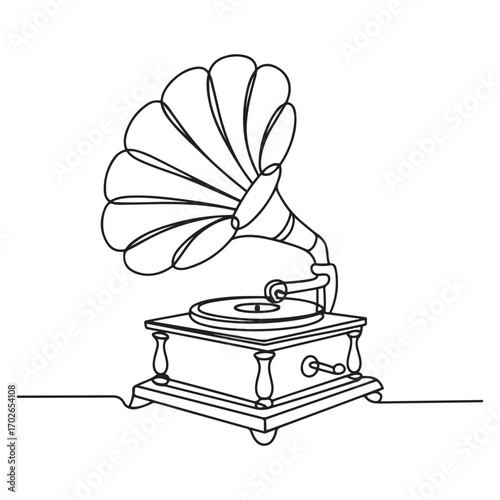 One continuous line Art drawing of old retro analog gramophone with vinyl desk. Antique vintage music player concept. with white background