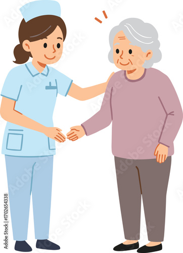 Nurse providing caring support and assistance to elderly woman, healthcare, senior care, medical help, nursing, compassion, elderly patient care.