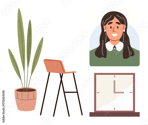 Indoor plant in pot, modern chair, wall clock, and woman on video call. Ideal for productivity, remote work, communication, balance time management minimalism collaboration. Simple flat metaphor