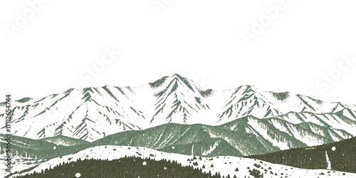 Vector illustration of a snowy winter mountain landscape with a range of high peaks and a blue sky